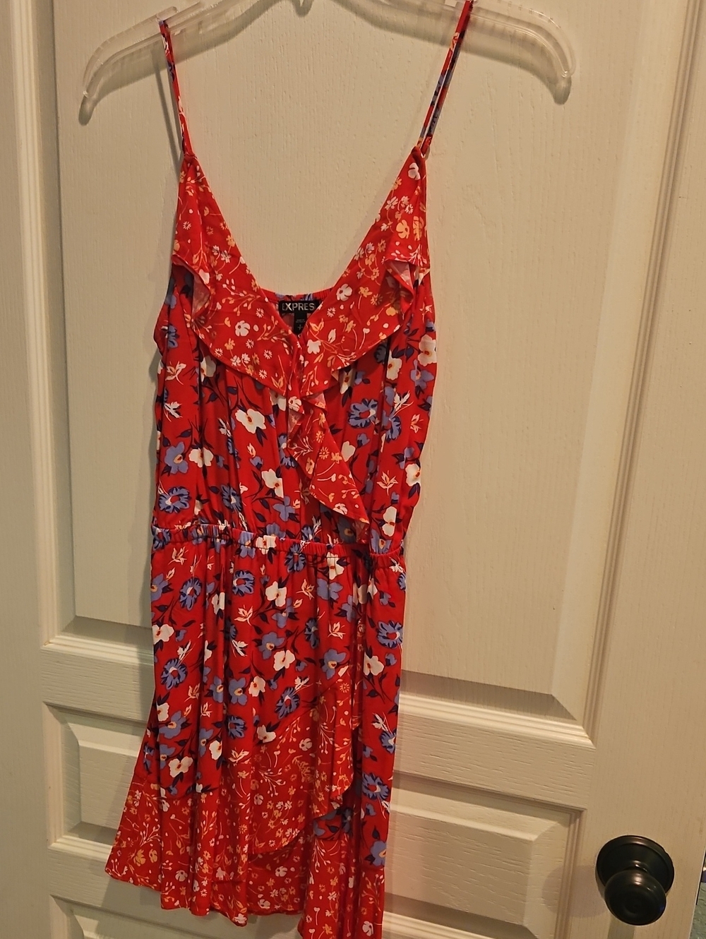 Express Red Floral Ruffle Cami Dress with Blue Accents